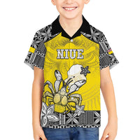 Personalised Happy Niue Constitution Day Family Matching Off Shoulder Maxi Dress and Hawaiian Shirt Niuean Crab Hiapo Pattern Yellow Version