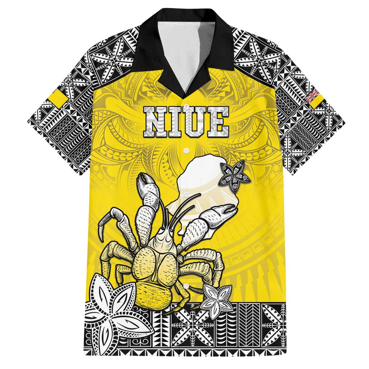 Personalised Happy Niue Constitution Day Family Matching Off Shoulder Short Dress and Hawaiian Shirt Niuean Crab Hiapo Pattern Yellow Version