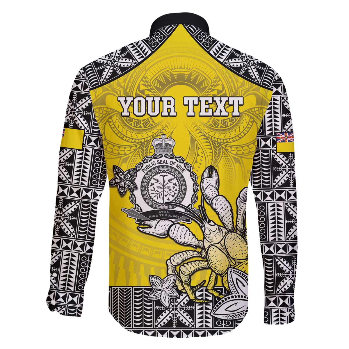 Personalised Happy Niue Constitution Day Family Matching Puletasi and Hawaiian Shirt Niuean Crab Hiapo Pattern Yellow Version