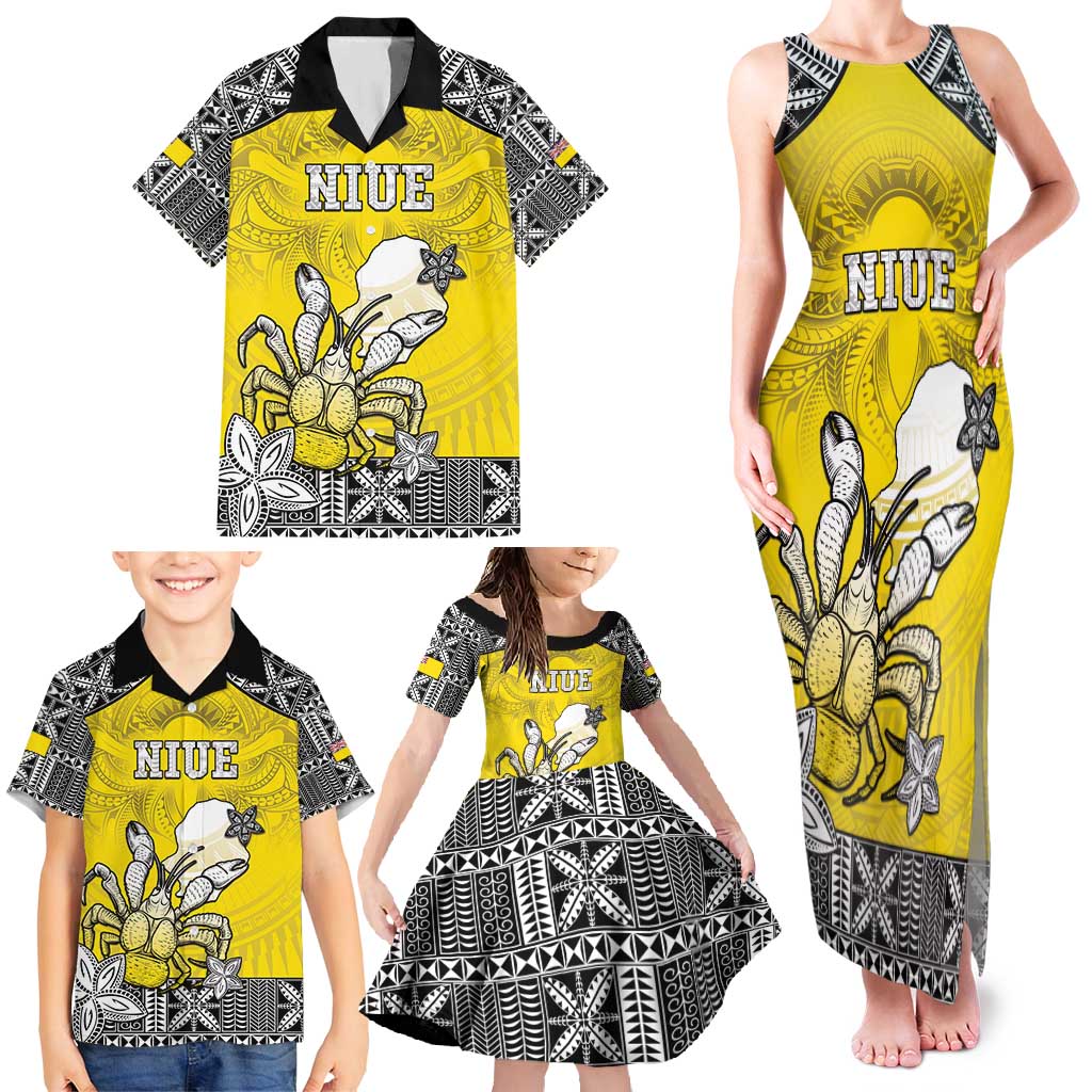 Personalised Happy Niue Constitution Day Family Matching Tank Maxi Dress and Hawaiian Shirt Niuean Crab Hiapo Pattern Yellow Version