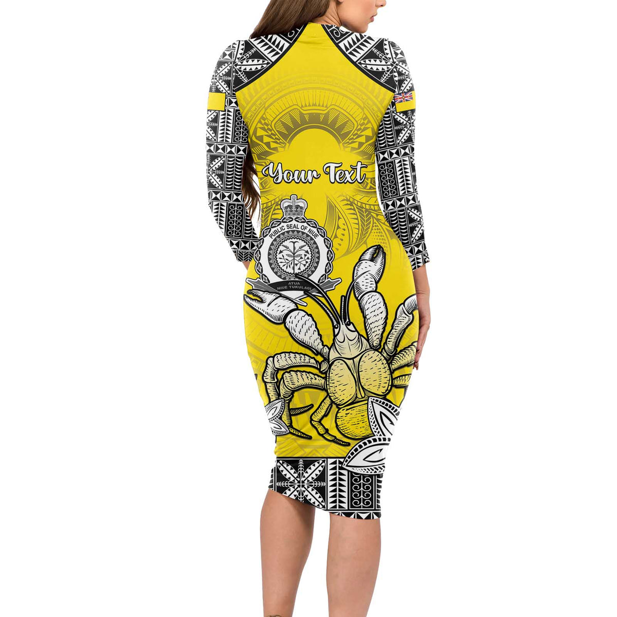 Personalised Happy Niue Constitution Day Long Sleeve Bodycon Dress Niuean Crab Hiapo Pattern Yellow Version