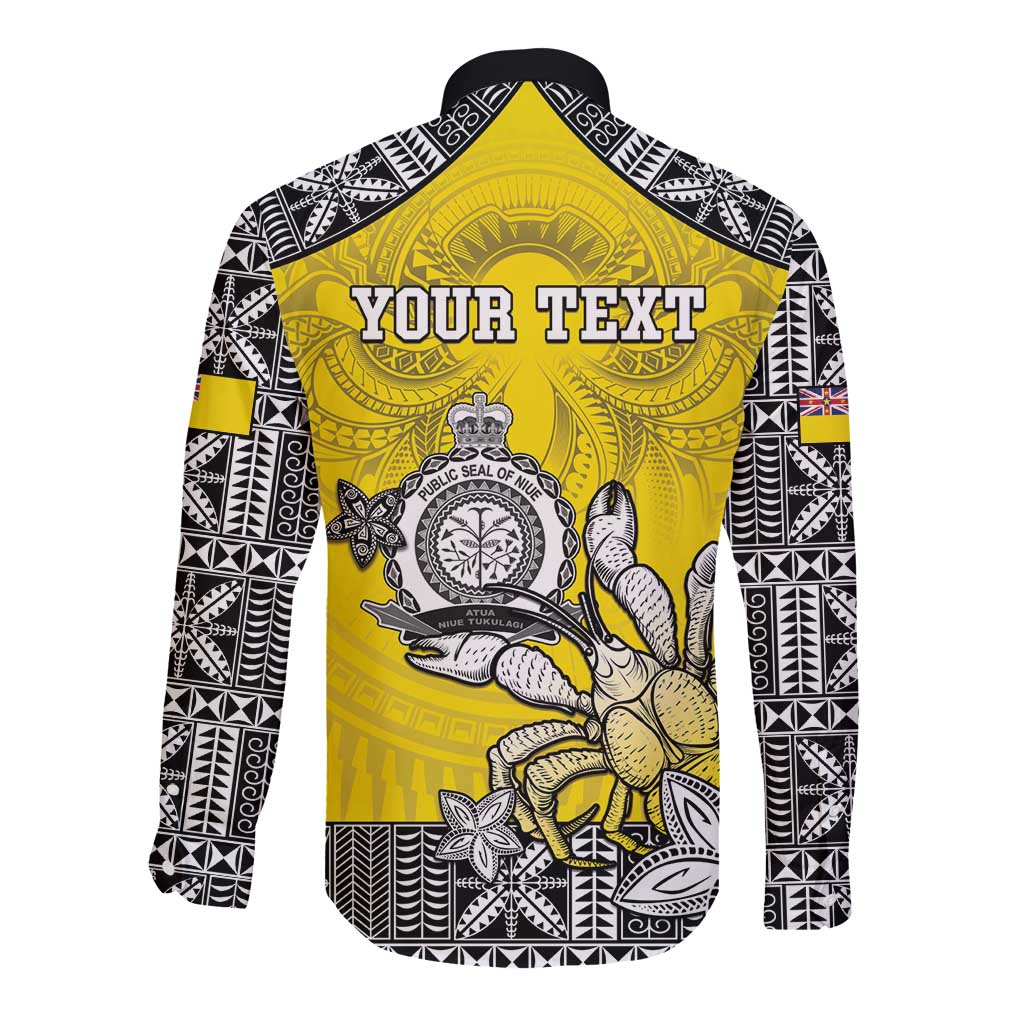 Personalised Happy Niue Constitution Day Long Sleeve Button Shirt Niuean Crab Hiapo Pattern Yellow Version