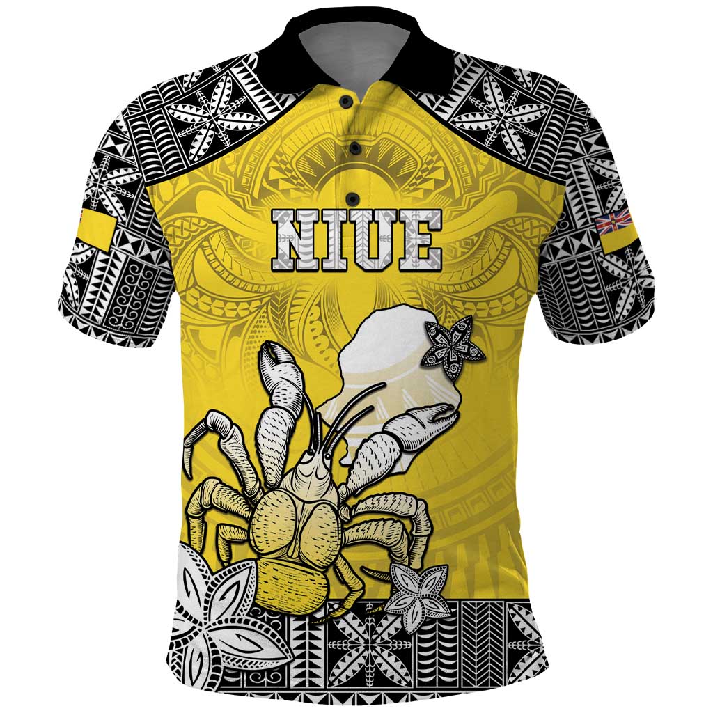 Personalised Happy Niue Constitution Day Polo Shirt Niuean Crab Hiapo Pattern Yellow Version