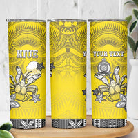 Personalised Happy Niue Constitution Day Skinny Tumbler Niuean Crab Hiapo Pattern Yellow Version