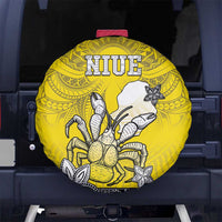 Happy Niue Constitution Day Spare Tire Cover Niuean Crab Hiapo Pattern Yellow Version