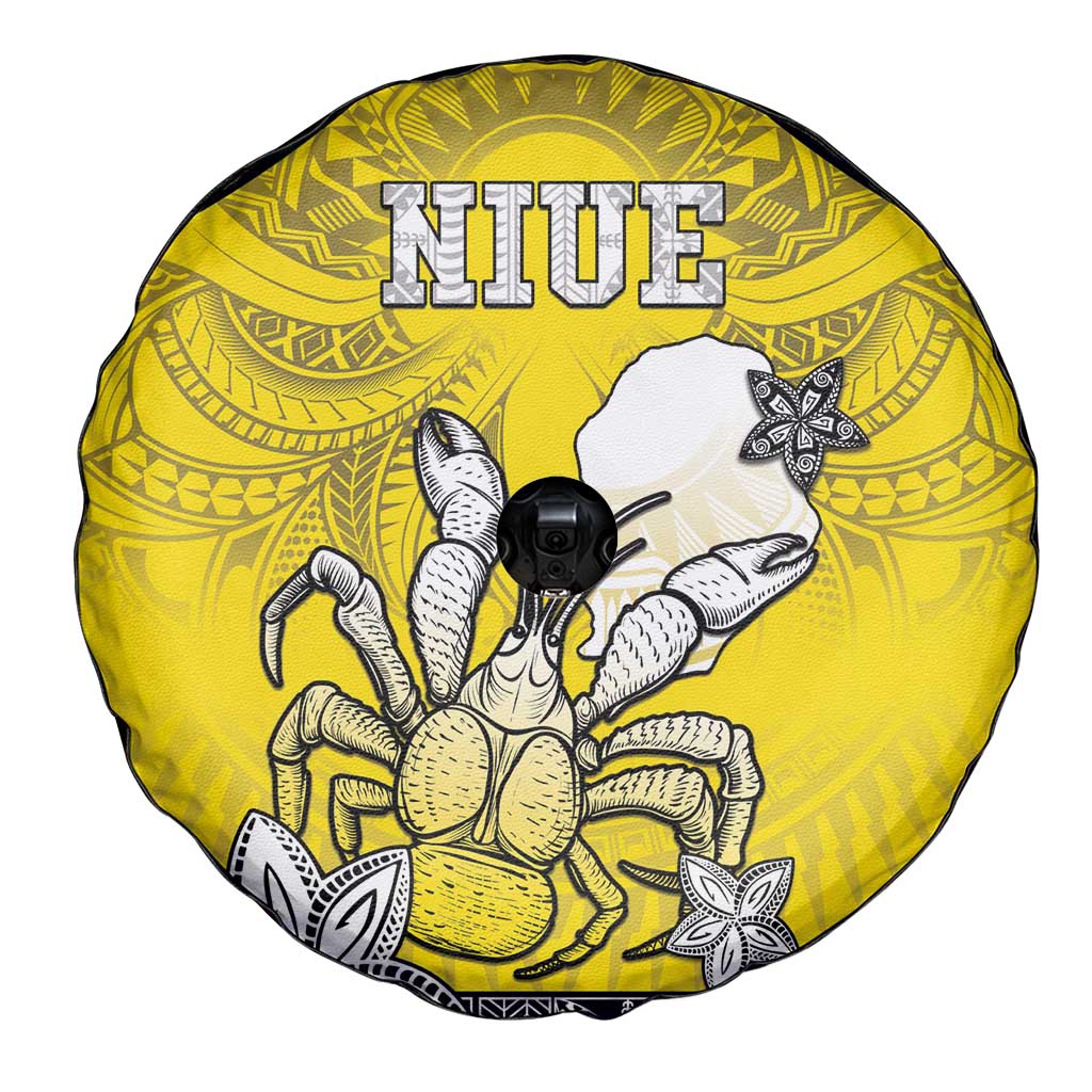 Happy Niue Constitution Day Spare Tire Cover Niuean Crab Hiapo Pattern Yellow Version