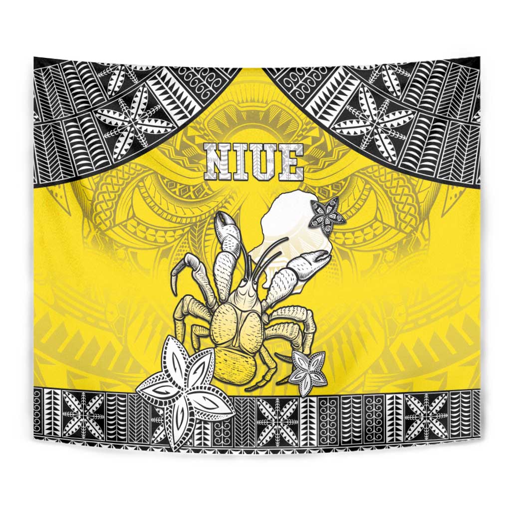 Happy Niue Constitution Day Tapestry Niuean Crab Hiapo Pattern Yellow Version