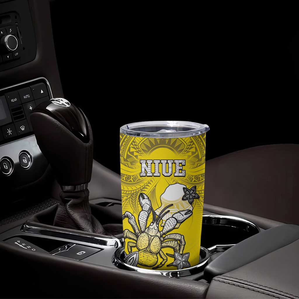 Personalised Happy Niue Constitution Day Tumbler Cup Niuean Crab Hiapo Pattern Yellow Version