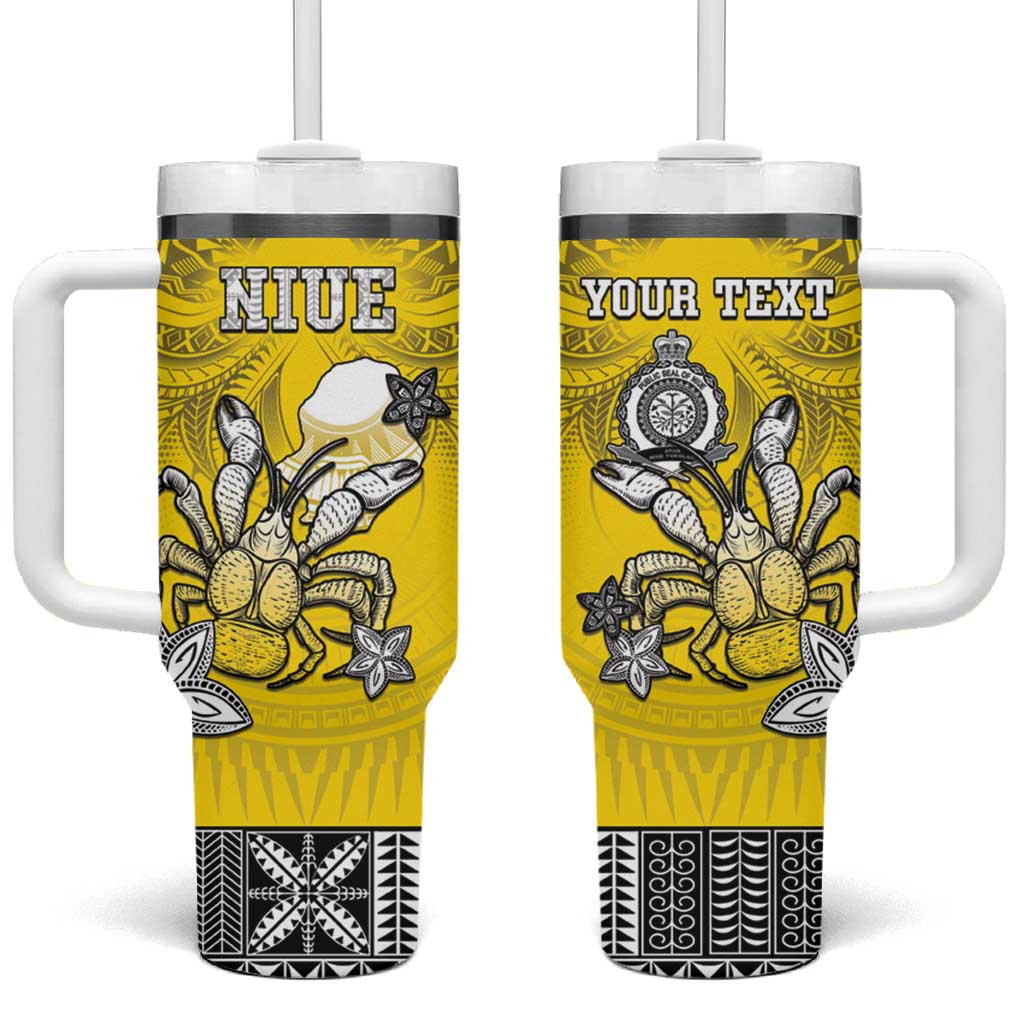 Personalised Happy Niue Constitution Day Tumbler With Handle Niuean Crab Hiapo Pattern Yellow Version