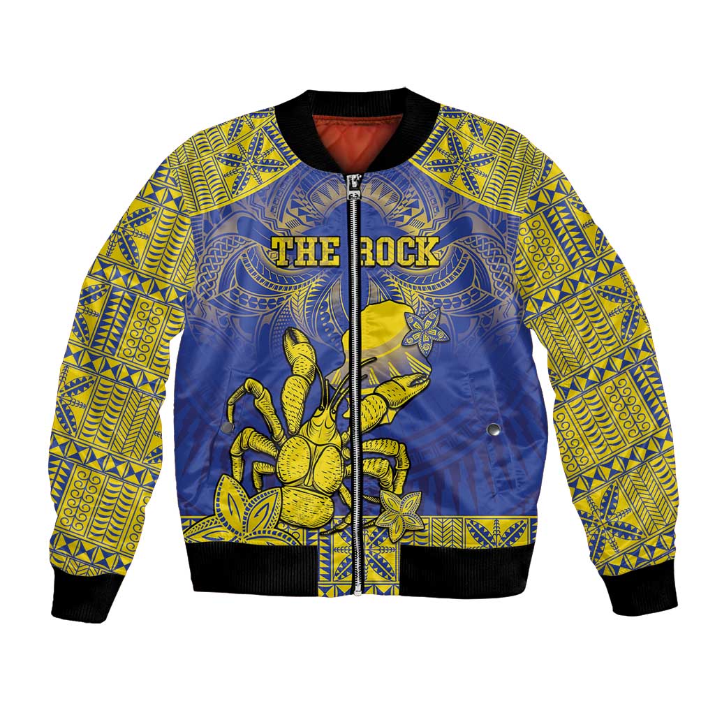 Personalised Niue The Rock Bomber Jacket Niuean Crab Hiapo Pattern Blue Version