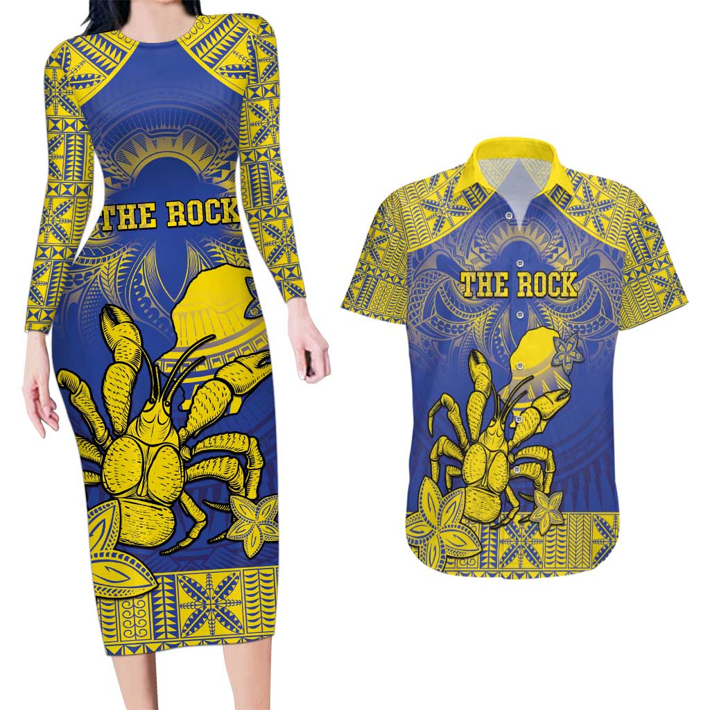 Personalised Niue The Rock Couples Matching Long Sleeve Bodycon Dress and Hawaiian Shirt Niuean Crab Hiapo Pattern Blue Version