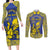 Personalised Niue The Rock Couples Matching Long Sleeve Bodycon Dress and Long Sleeve Button Shirt Niuean Crab Hiapo Pattern Blue Version