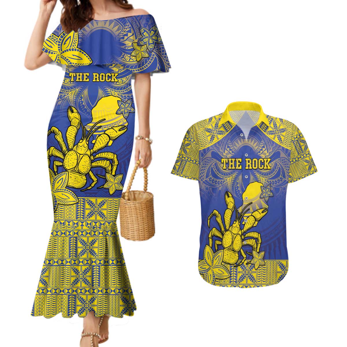 Personalised Niue The Rock Couples Matching Mermaid Dress and Hawaiian Shirt Niuean Crab Hiapo Pattern Blue Version