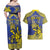 Personalised Niue The Rock Couples Matching Off Shoulder Maxi Dress and Hawaiian Shirt Niuean Crab Hiapo Pattern Blue Version