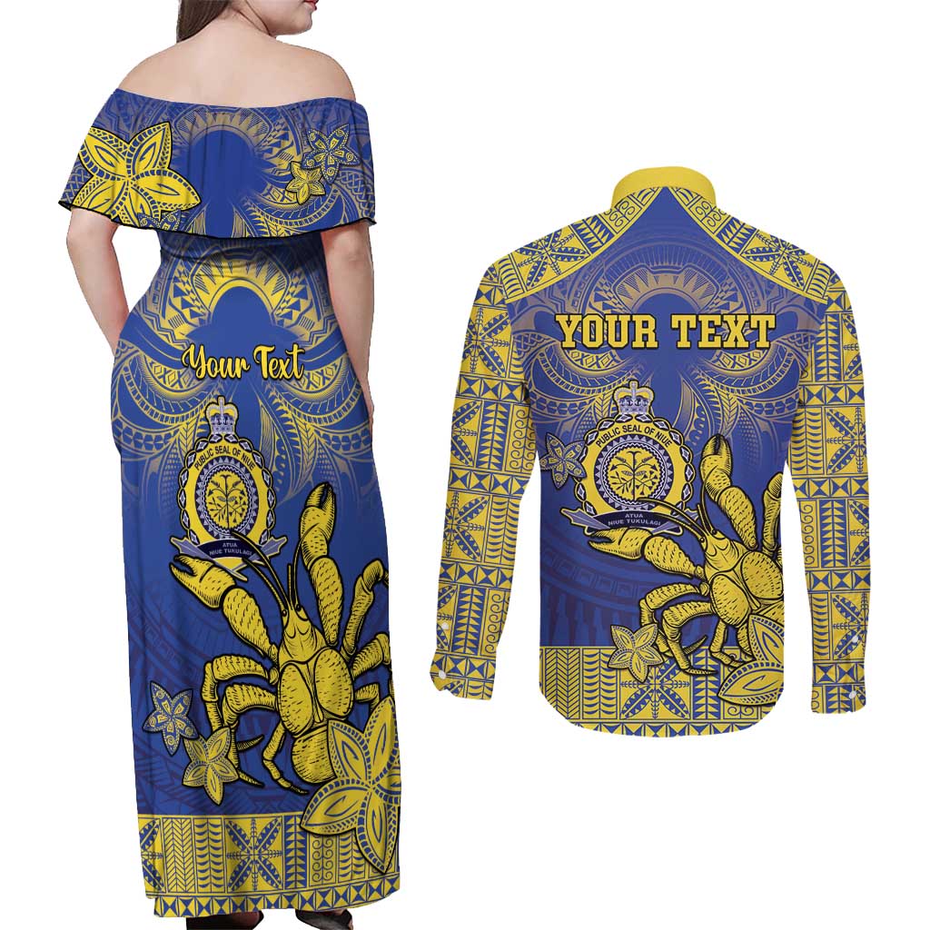 Personalised Niue The Rock Couples Matching Off Shoulder Maxi Dress and Long Sleeve Button Shirt Niuean Crab Hiapo Pattern Blue Version