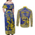 Personalised Niue The Rock Couples Matching Off Shoulder Maxi Dress and Long Sleeve Button Shirt Niuean Crab Hiapo Pattern Blue Version