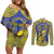 Personalised Niue The Rock Couples Matching Off Shoulder Short Dress and Long Sleeve Button Shirt Niuean Crab Hiapo Pattern Blue Version