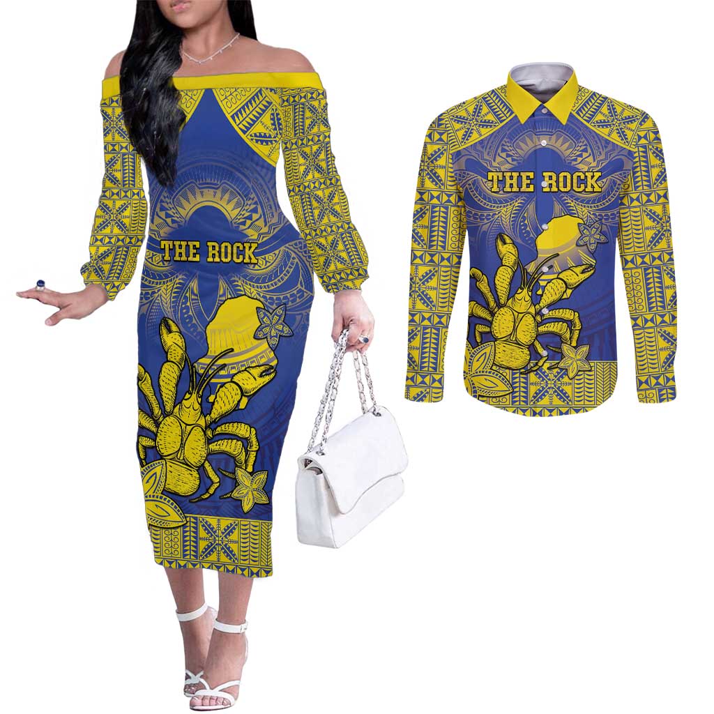 Personalised Niue The Rock Couples Matching Off The Shoulder Long Sleeve Dress and Long Sleeve Button Shirt Niuean Crab Hiapo Pattern Blue Version