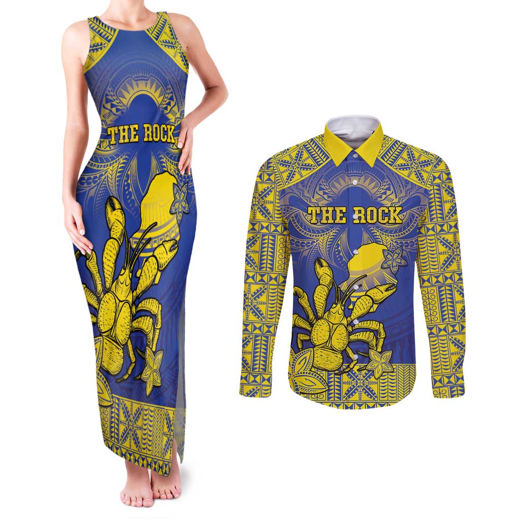 Personalised Niue The Rock Couples Matching Tank Maxi Dress and Long Sleeve Button Shirt Niuean Crab Hiapo Pattern Blue Version