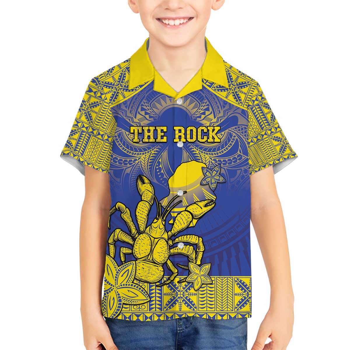 Personalised Niue The Rock Family Matching Off The Shoulder Long Sleeve Dress and Hawaiian Shirt Niuean Crab Hiapo Pattern Blue Version