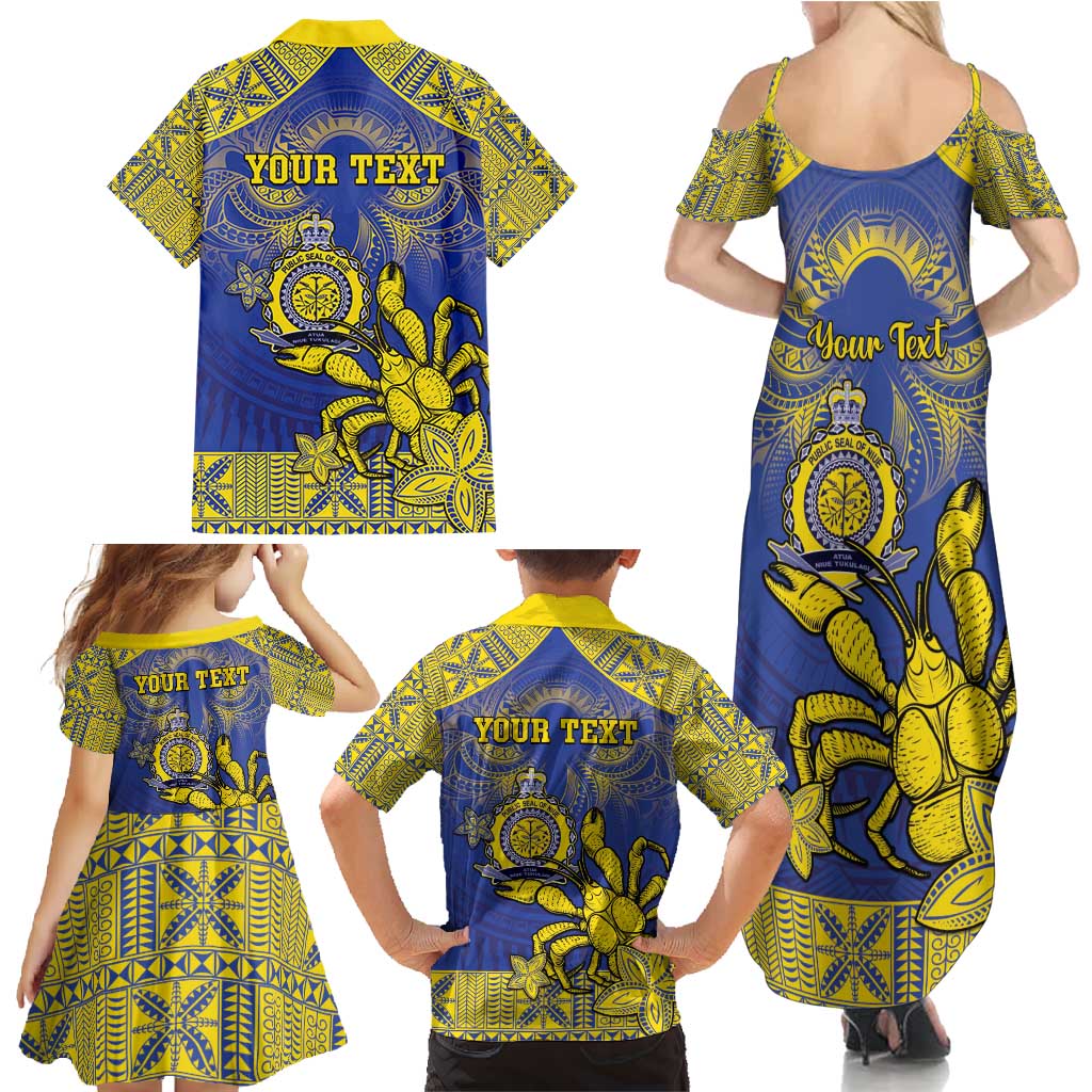 Personalised Niue The Rock Family Matching Summer Maxi Dress and Hawaiian Shirt Niuean Crab Hiapo Pattern Blue Version