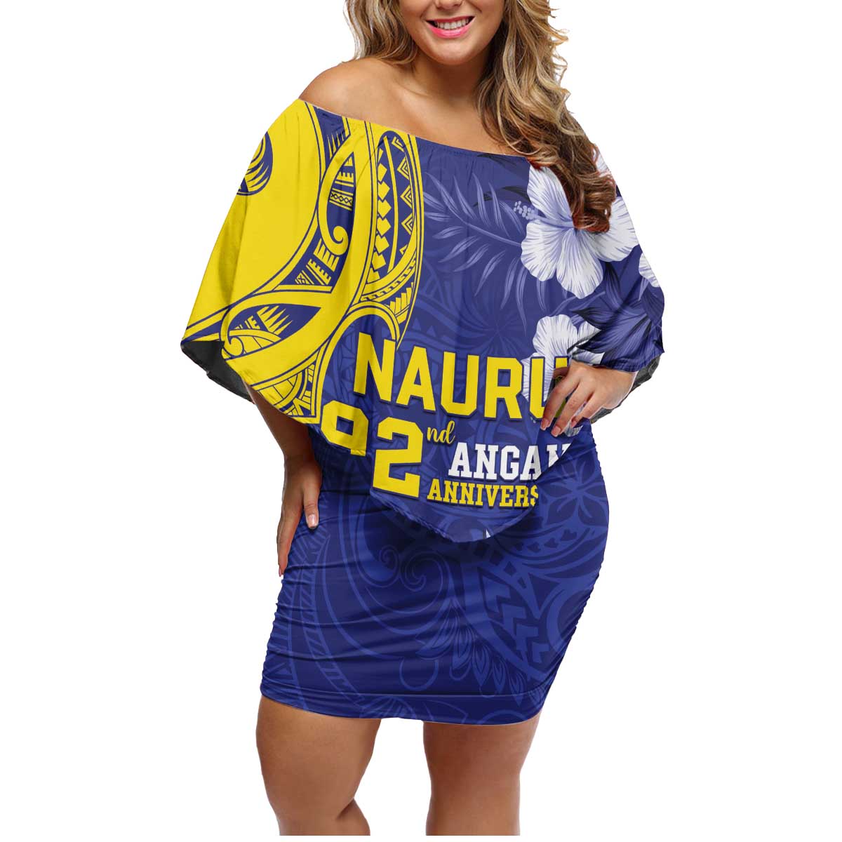 Personalised Nauru 92nd Anniversary Of Angam Family Matching Off Shoulder Short Dress and Hawaiian Shirt Polynesian Whale Pattern