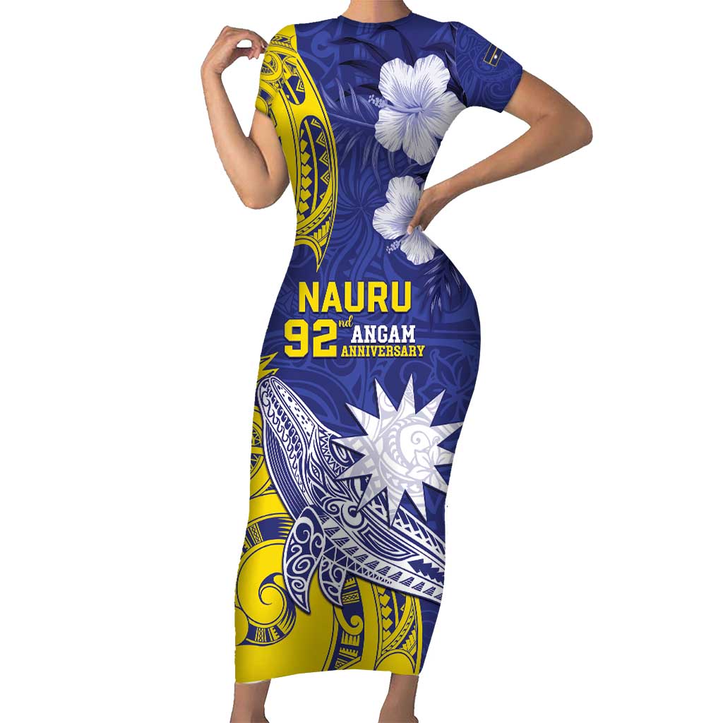 Personalised Nauru 92nd Anniversary Of Angam Family Matching Short Sleeve Bodycon Dress and Hawaiian Shirt Polynesian Whale Pattern