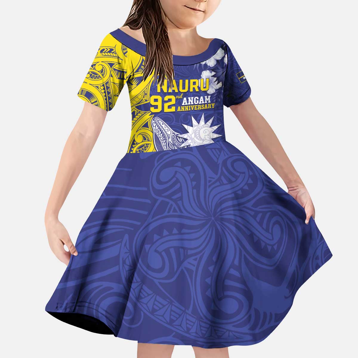 Personalised Nauru 92nd Anniversary Of Angam Kid Short Sleeve Dress Polynesian Whale Pattern