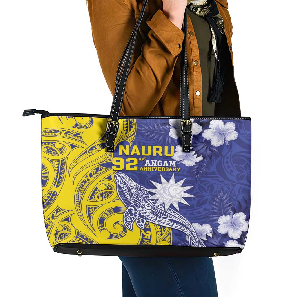 Nauru 92nd Anniversary Of Angam Leather Tote Bag Polynesian Whale Pattern