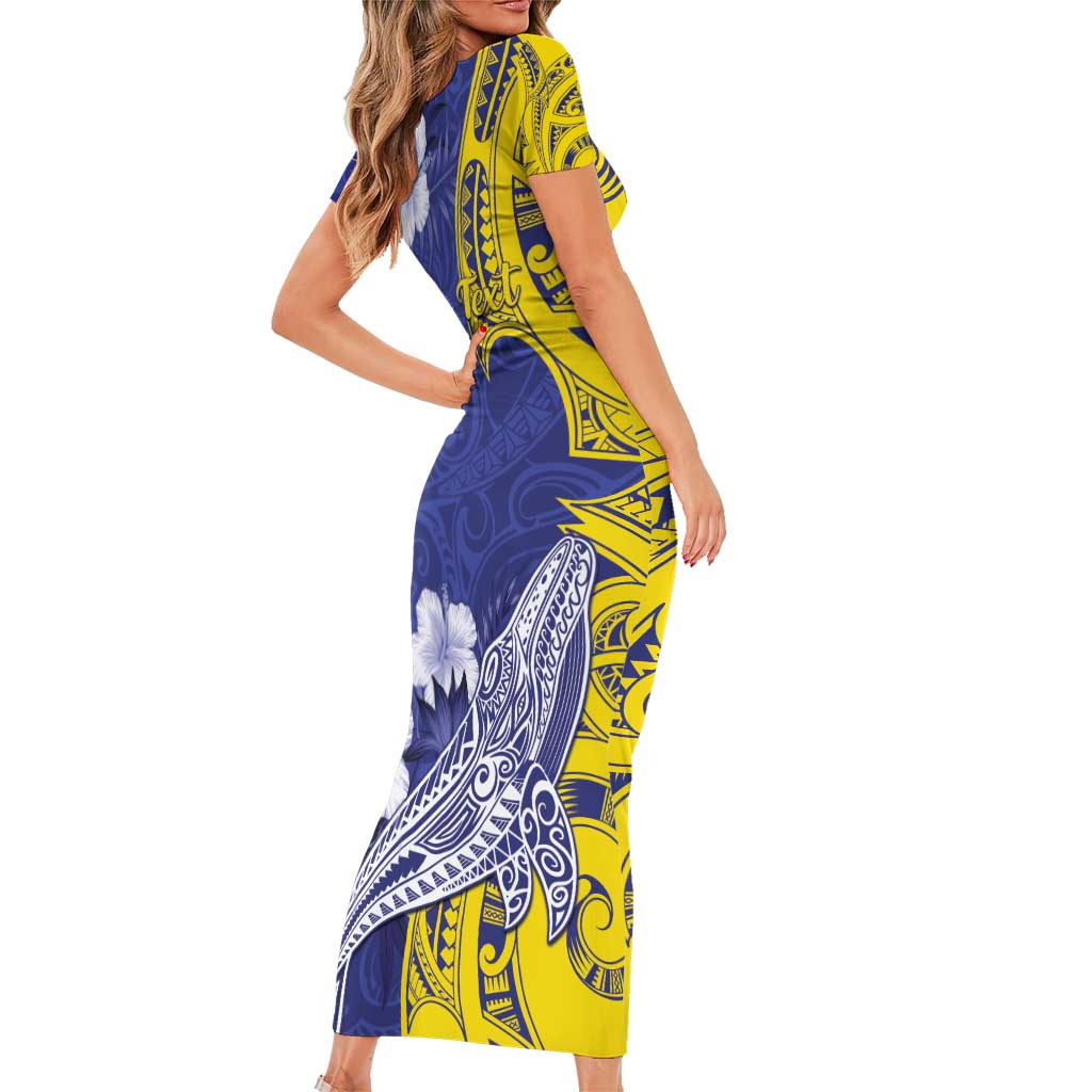 Personalised Nauru 92nd Anniversary Of Angam Short Sleeve Bodycon Dress Polynesian Whale Pattern