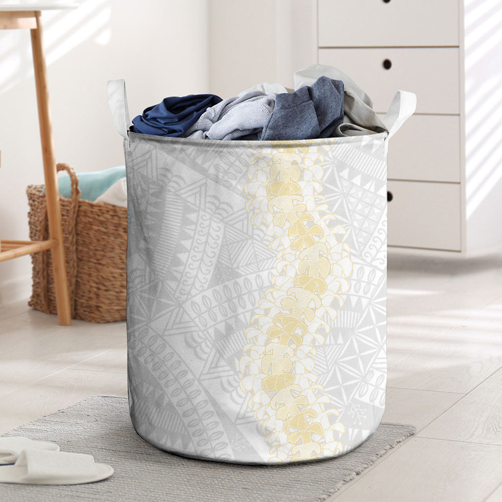 Niue White Sunday Laundry Basket Niuean Hiapo With Puakenikeni Lei