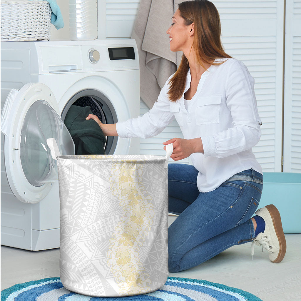 Niue White Sunday Laundry Basket Niuean Hiapo With Puakenikeni Lei