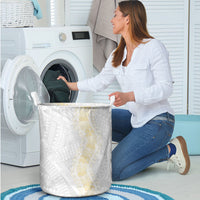 Niue White Sunday Laundry Basket Niuean Hiapo With Puakenikeni Lei