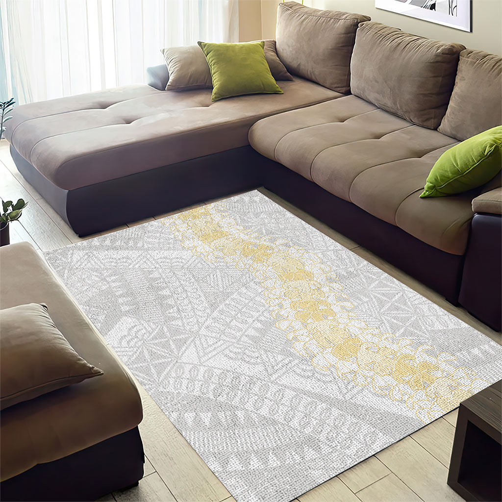 Niue White Sunday Area Rug Niuean Hiapo With Puakenikeni Lei