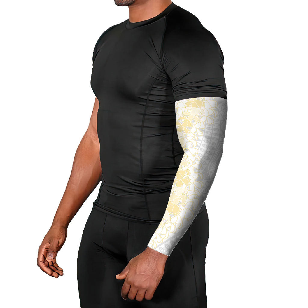 Niue White Sunday Arm Sleeves Niuean Hiapo With Puakenikeni Lei