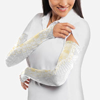 Niue White Sunday Arm Sleeves Niuean Hiapo With Puakenikeni Lei