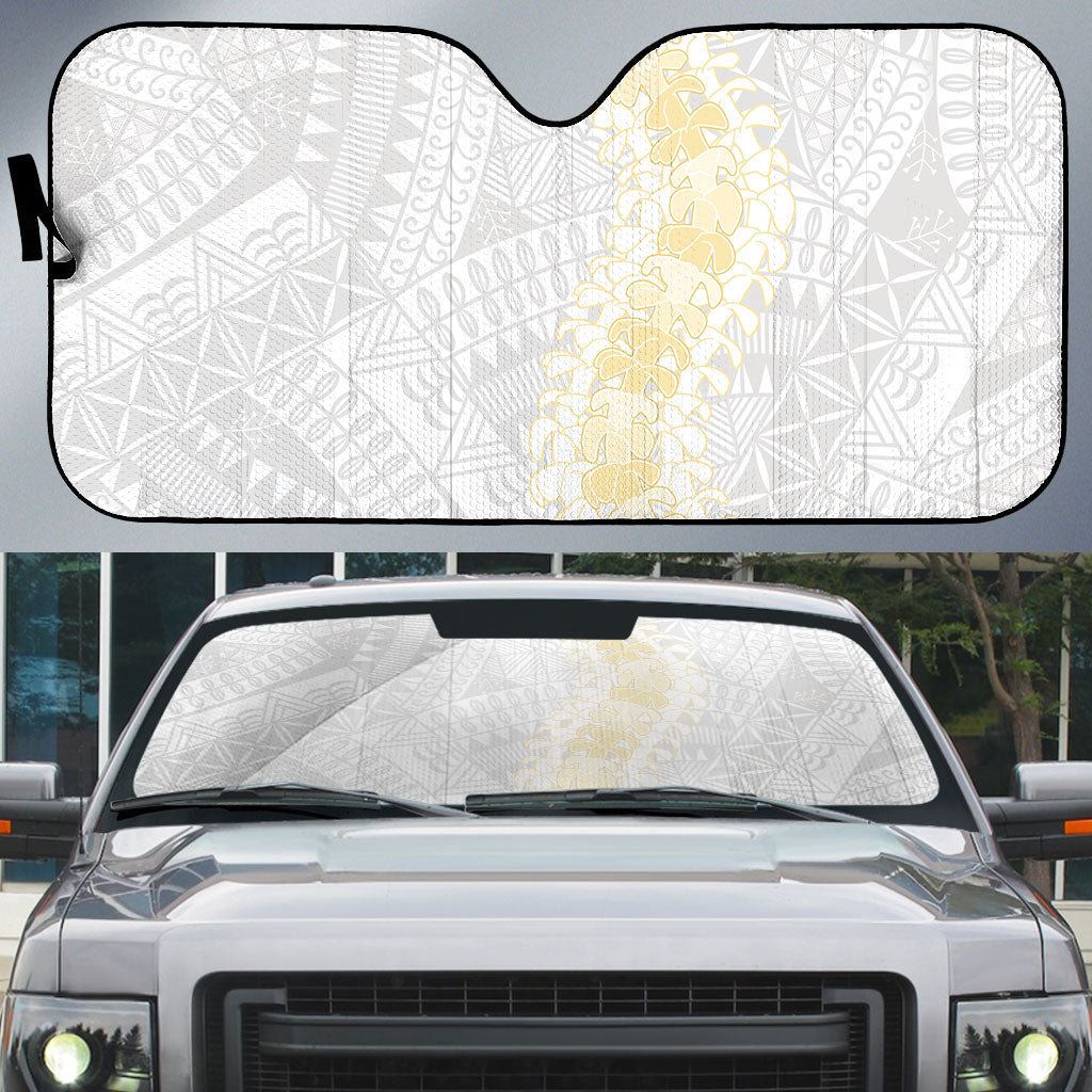 Niue White Sunday Auto Sun Shade Niuean Hiapo With Puakenikeni Lei