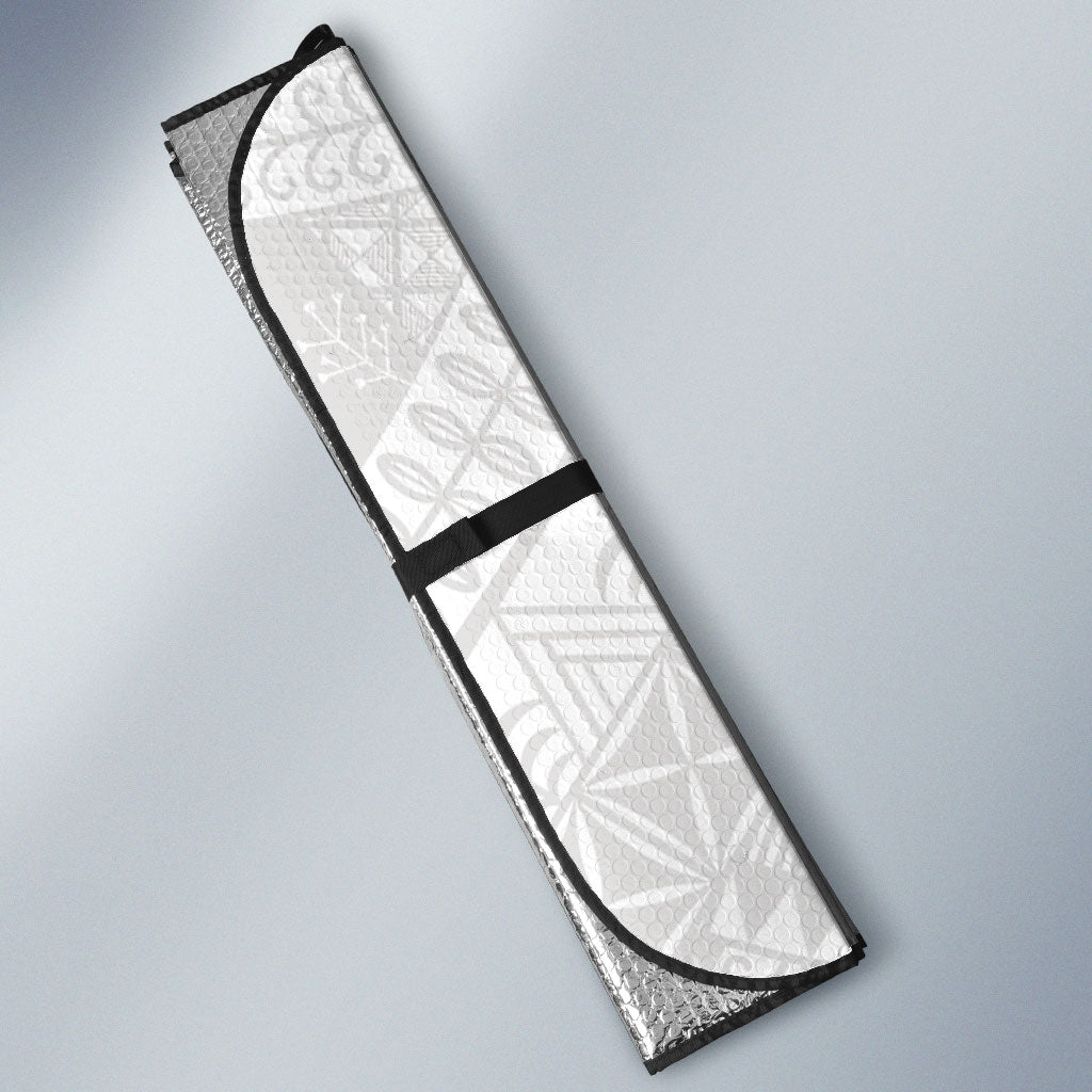 Niue White Sunday Auto Sun Shade Niuean Hiapo With Puakenikeni Lei