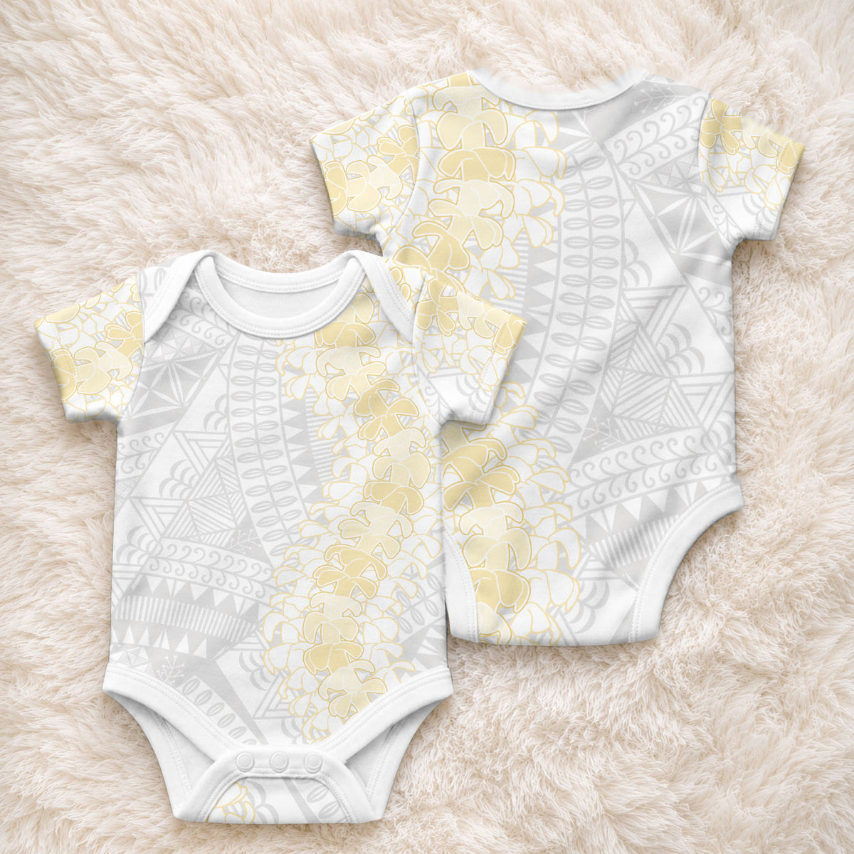 Niue White Sunday Baby Onesie Niuean Hiapo With Puakenikeni Lei