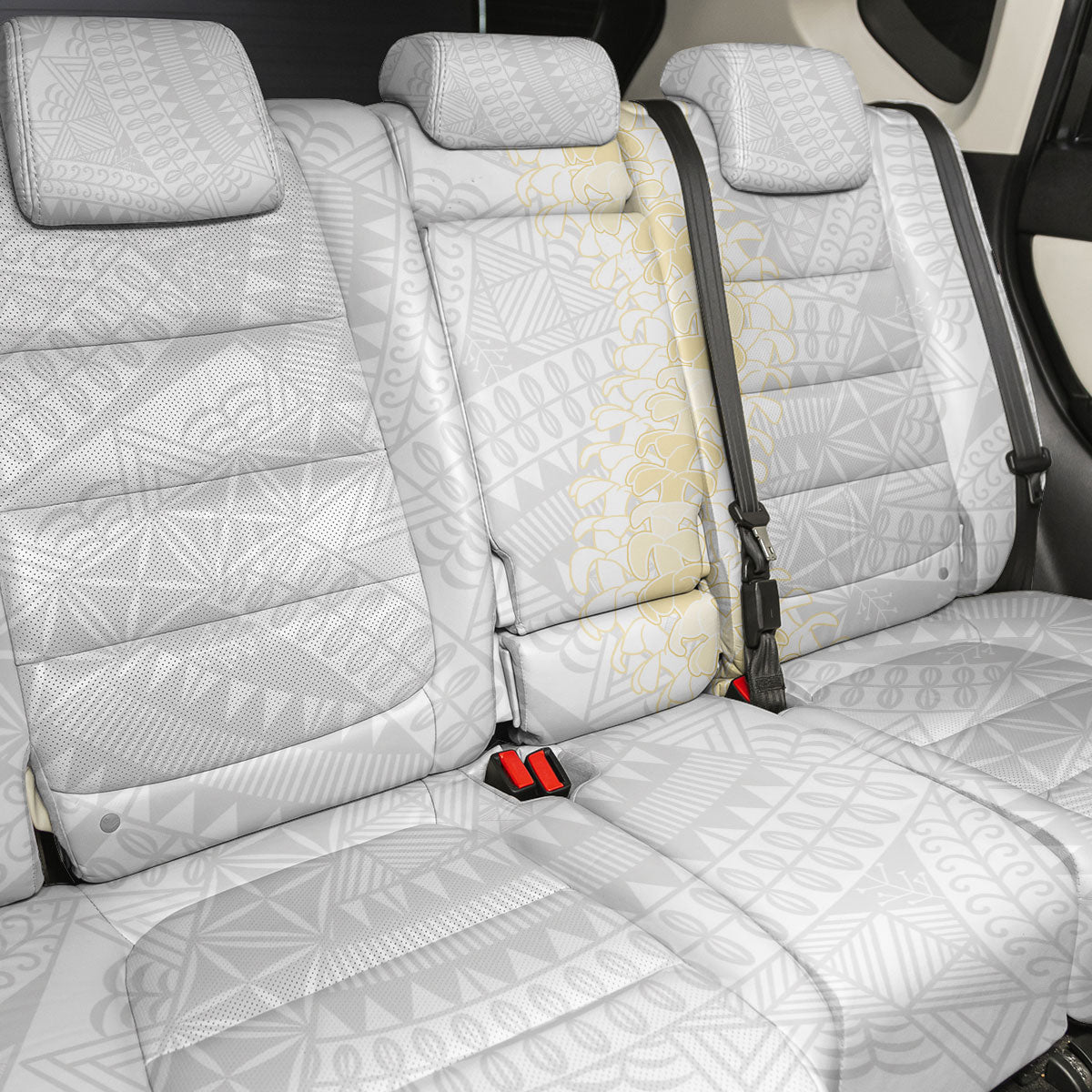 Niue White Sunday Back Car Seat Cover Niuean Hiapo With Puakenikeni Lei