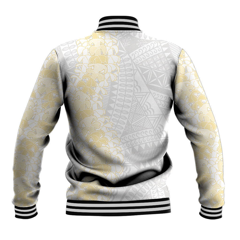 Niue White Sunday Baseball Jacket Niuean Hiapo With Puakenikeni Lei