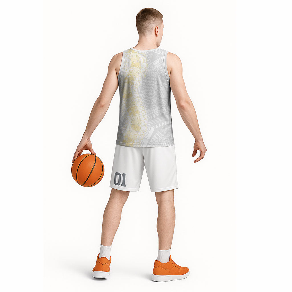 Niue White Sunday Basketball Jersey Niuean Hiapo With Puakenikeni Lei