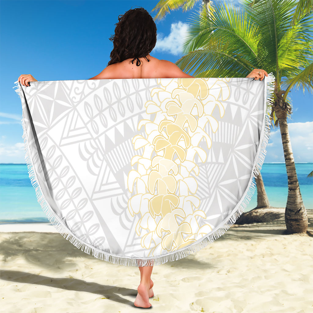 Niue White Sunday Beach Blanket Niuean Hiapo With Puakenikeni Lei