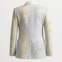 Niue White Sunday Blazer Niuean Hiapo With Puakenikeni Lei