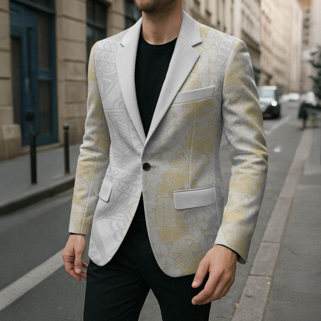 Niue White Sunday Blazer Niuean Hiapo With Puakenikeni Lei