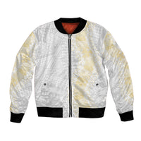 Niue White Sunday Bomber Jacket Niuean Hiapo With Puakenikeni Lei