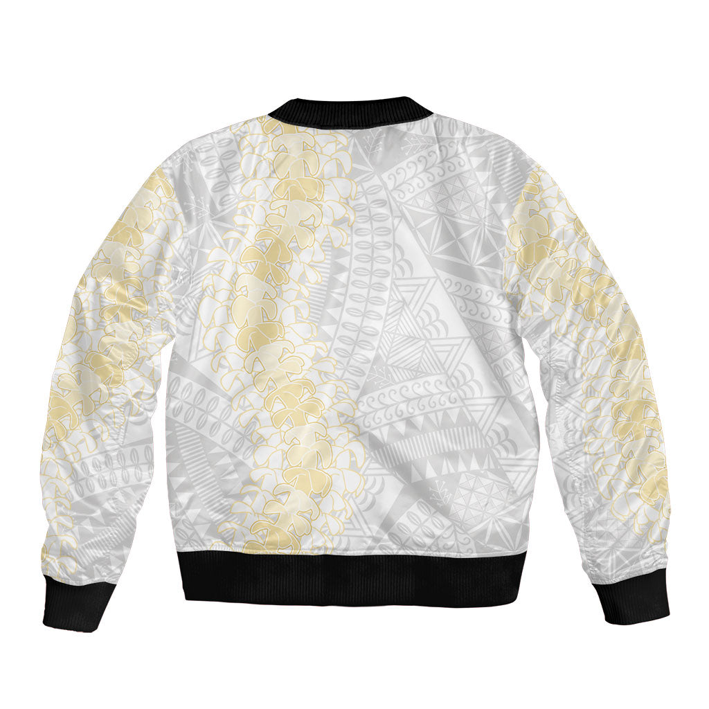Niue White Sunday Bomber Jacket Niuean Hiapo With Puakenikeni Lei