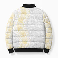 Niue White Sunday Bomber Puffer Jacket Niuean Hiapo With Puakenikeni Lei