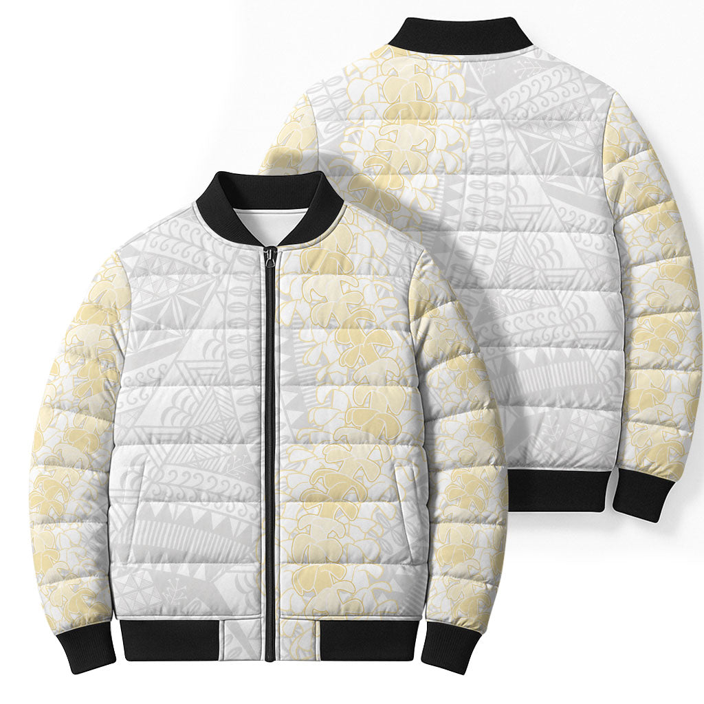 Niue White Sunday Bomber Puffer Jacket Niuean Hiapo With Puakenikeni Lei