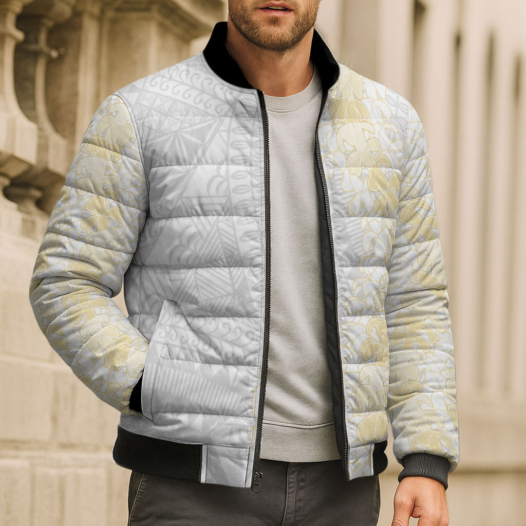 Niue White Sunday Bomber Puffer Jacket Niuean Hiapo With Puakenikeni Lei